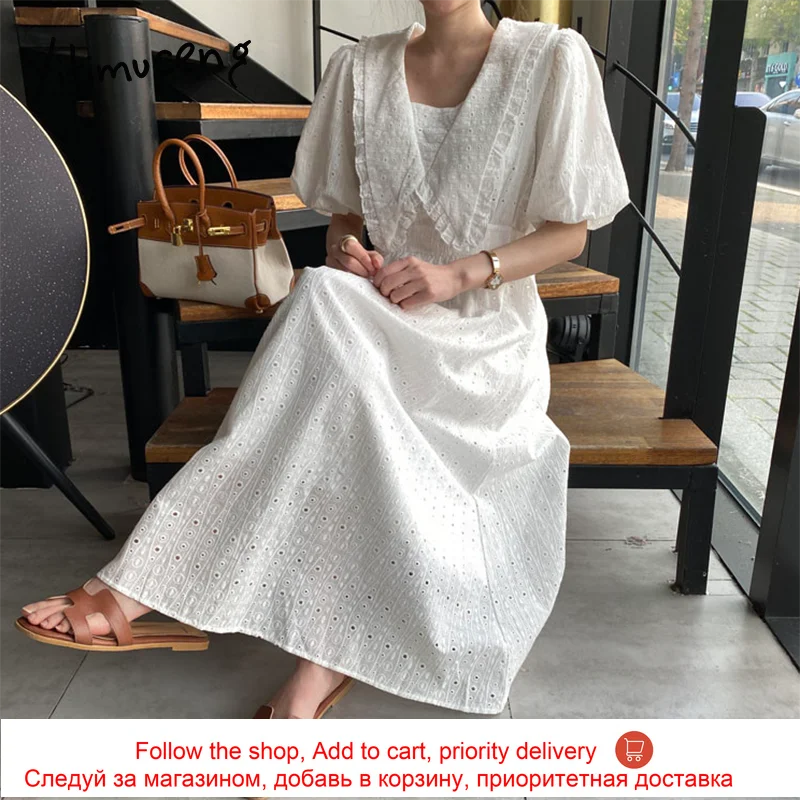 

Yitimuceng Vintage Dresses for Women Cut Out Puff Sleeve Peter Pan Collar Unicolor Khaki White Sundress 2021 Summer Midi Dress