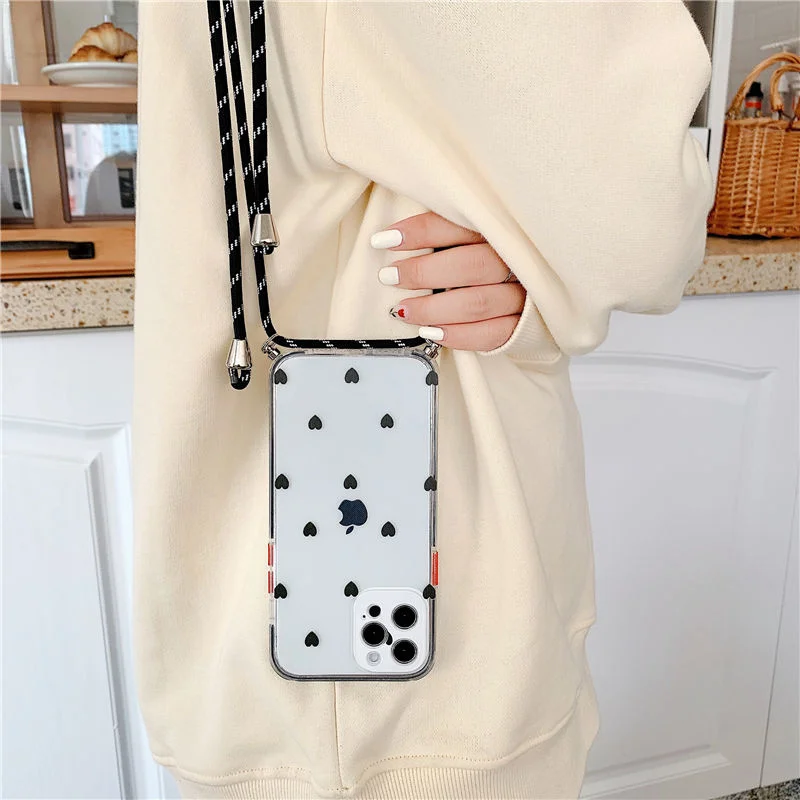 

Love Heart Strap Cord Chain Transparent Phone Case For IPhone 12 Mini 11 Pro XS Max XR X 7 8 Plus Neck Lanyard Carry Hang Case