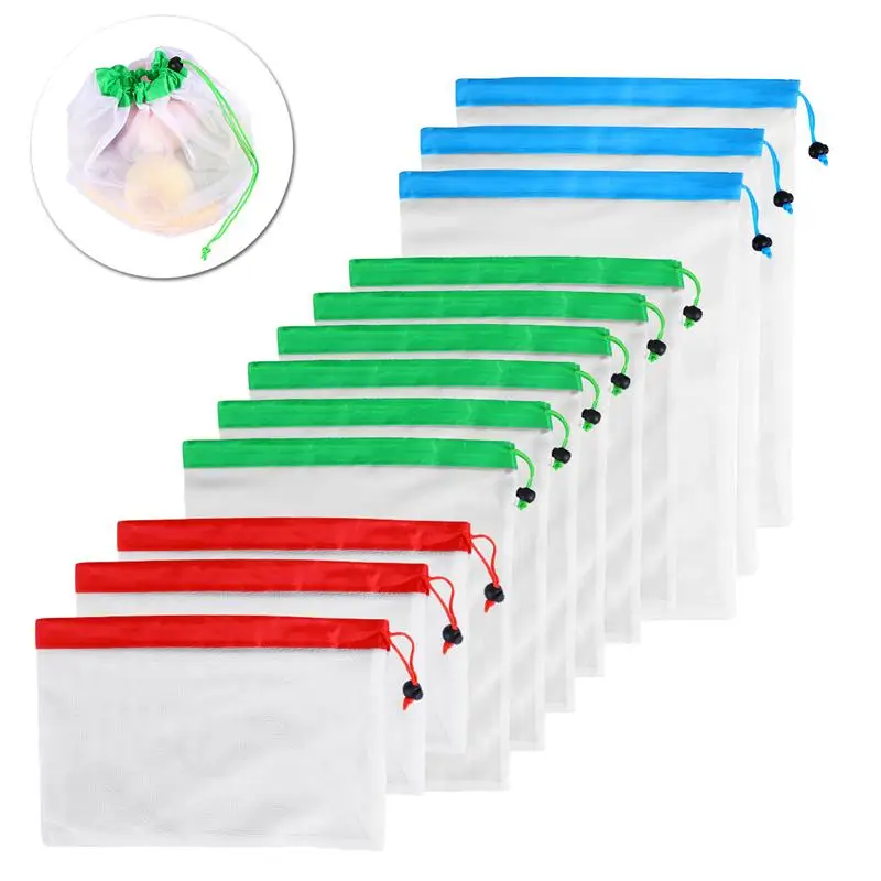 

12pcs 3 Sizes Reusable Mesh Produce Bag fruit mesh bag drawstring bag vegetable storage drawstring bag