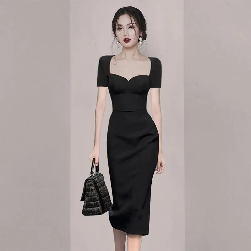 

2021 Women Spring Summer Casual Solid Dress Ladies OL Square Collar Package Hip Dress A-line Dresses Female Vintage Vestido K191