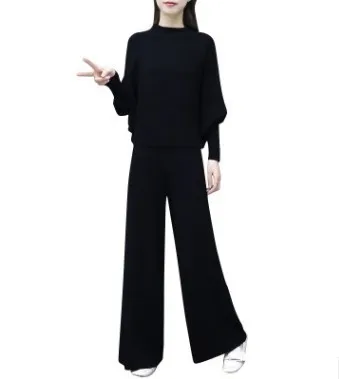 

European station 2020 autumn new women's bat sleeve knitted wide-leg pants suit women loose large size trousers two-piece spring
