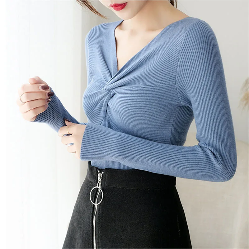 Женский трикотажный свитер Lucyever черный эластичный с v-образным вырезом и длинным