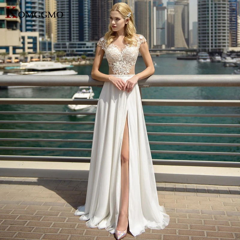 

2022 New Arrival O-Neck Embroidery Appliques Tulle A-Line Wedding Dress Custom Made Button Back Split Cap Sleeve Bridal Gown