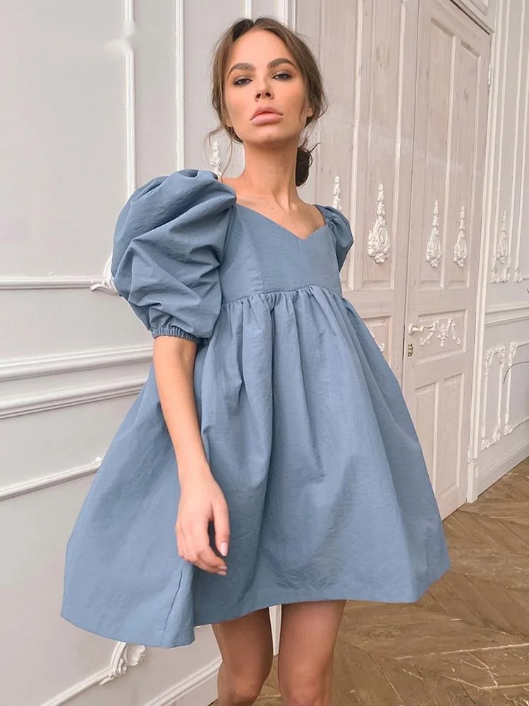 

Vintage Blue Black A-Line Mini Dress Woman 2021 Summer Loose Sexy Patchwork Party Dress V Neck Half Sleeve Party Vestido