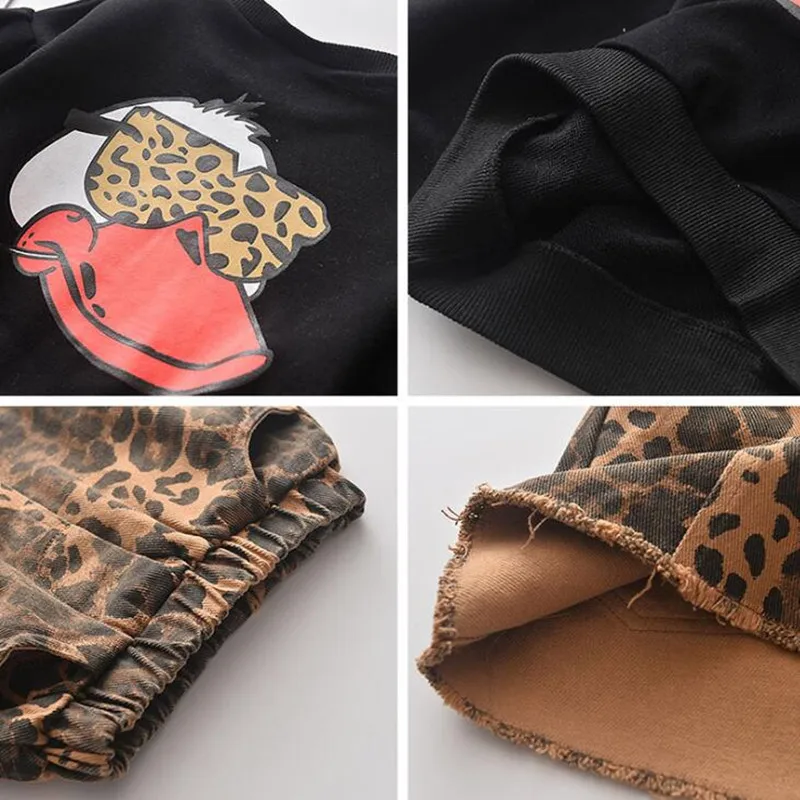 

Baby Girls Cartoon Dress New Autumn Princess 2 pieces Sets Lovely Top and Leopard Skirt Outfits Cute Kids Children Clothing