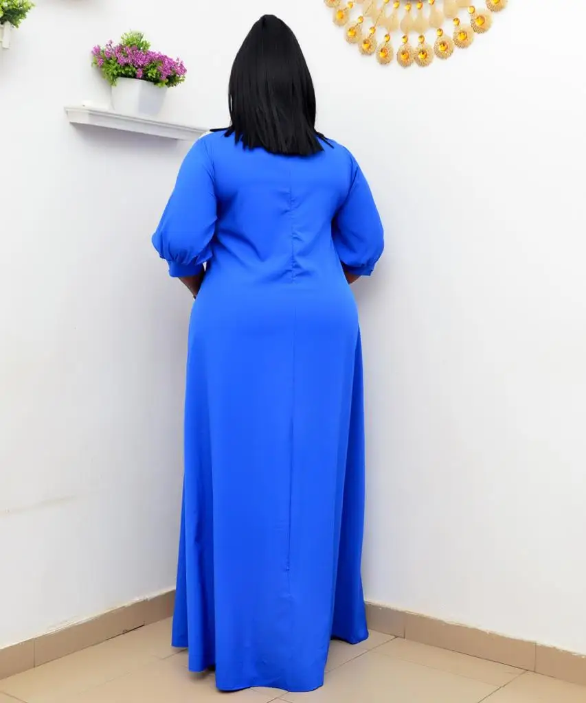 

New 2021 African Plus Size Muslim Women's Wear Robe Cross-Border Blue Color Big Sewing Dress Nigerian Dacing Dressing