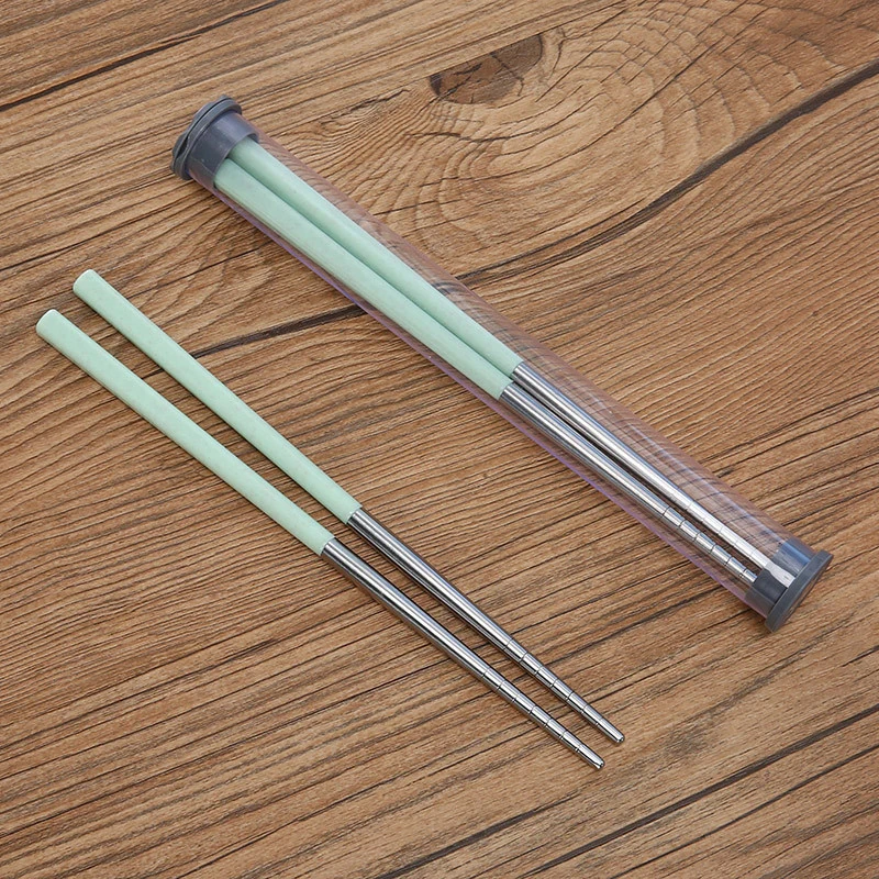 

1 Box Nordic Green Reusable Stainless Steel Chopsticks Kitchen Utensils With Storage Case Travel Portable Student Tableware 23cm