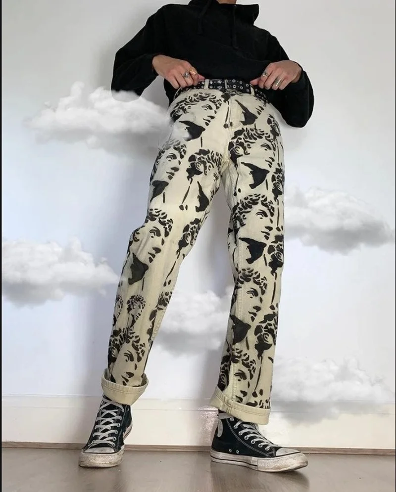 New Jeans Men's Trousers Loose Bleached Washed Straight Tie-dyed Offset Printing Denim Trousers  Fashion Mens Jeans