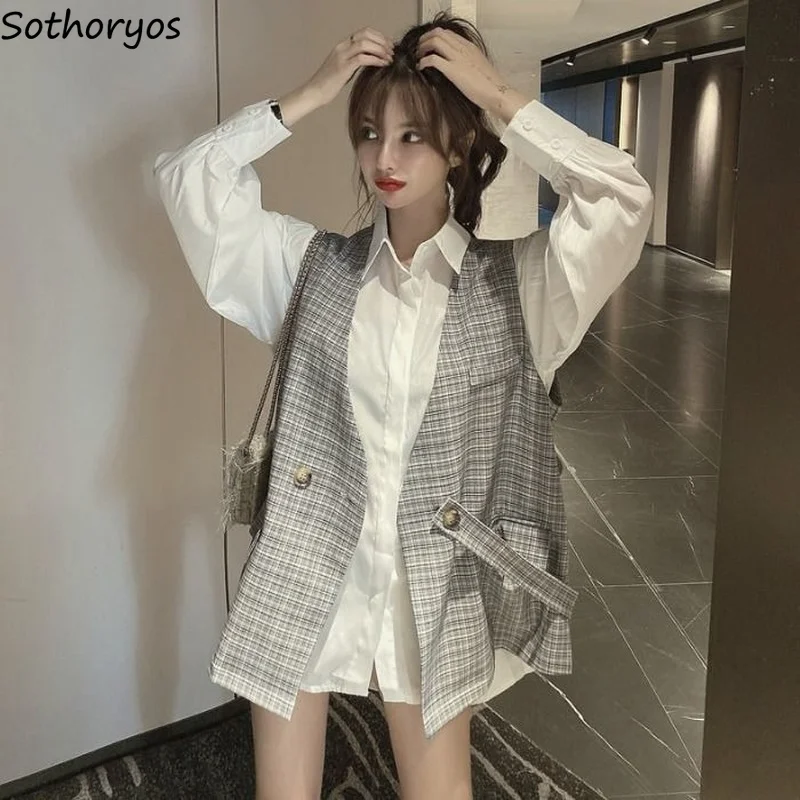 

Trendy Vests Women Plaid Single Button Loose All-match V-neck Streetwear Waistcoats Office Lady Simple Temperament Korean Style