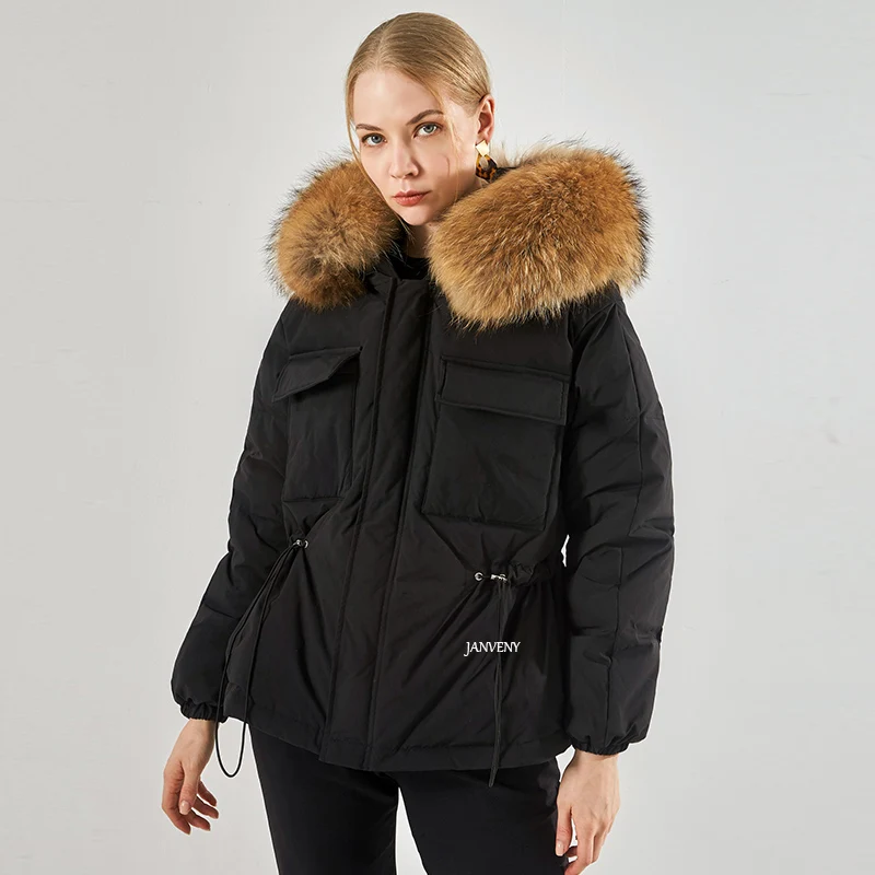 

2021 Luxury Large Natural Raccoon Fox Fur Hooded Waist Puffer Jacket Women Thick Waterproof 90% Duck Down Coat Winter Clothes