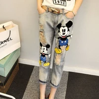 DISNEY mickey mouse Fashion Patch Cartoon Mickey Hole Denim Pants Slim Women Long Trousers Ankle-length Female Pencil Jeans