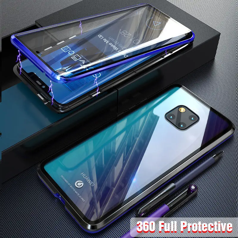 360 Полный Магнитный чехол для huawei P30 Pro P20 mate 20 металлический бампер 12D Передняя сенсорная пленка закаленное стекло крышка huawei P30 Pro Чехол - Цвет: Black Blue