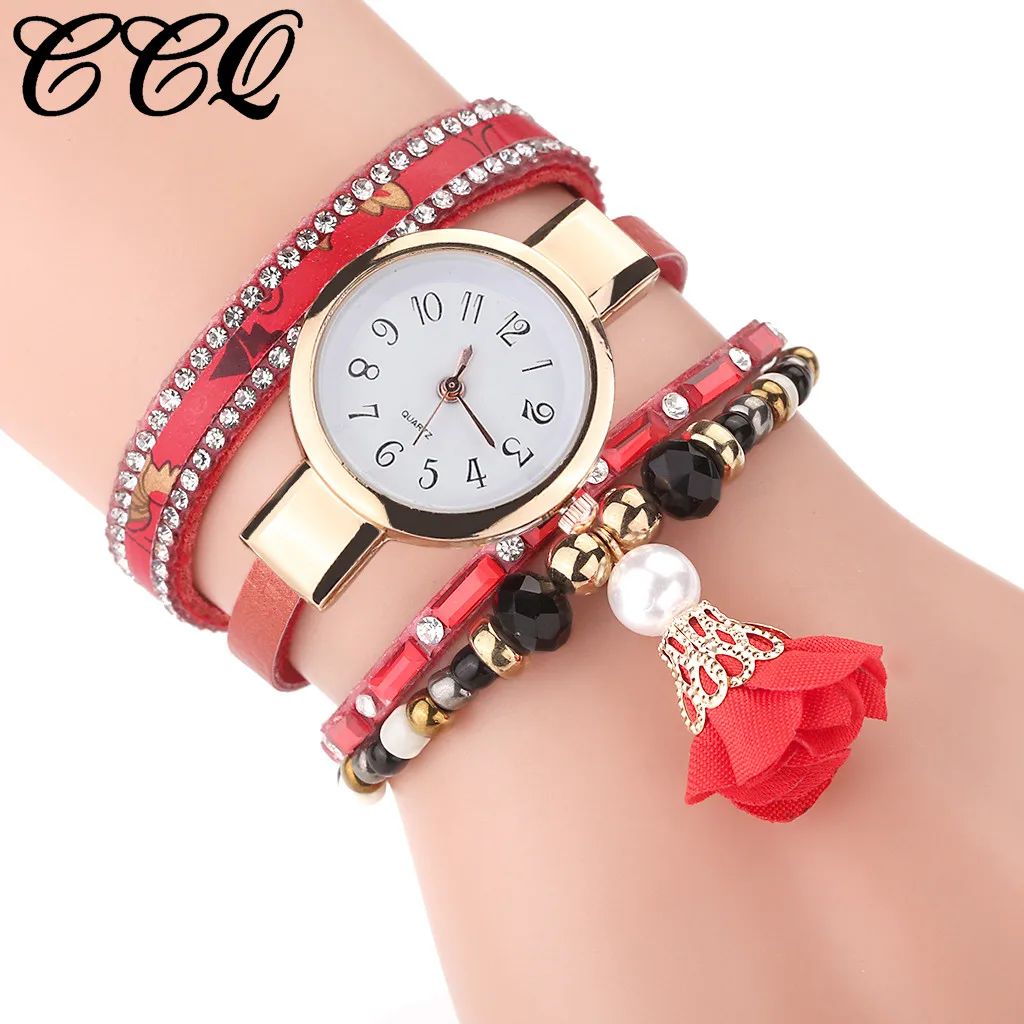 

Luxury Women Vintage Bracelet Watch Pearl Rose Pendant Wrist Watch Rhinestone Crystal Bracelet Dial Quartz Wrist Watch Hot Sale