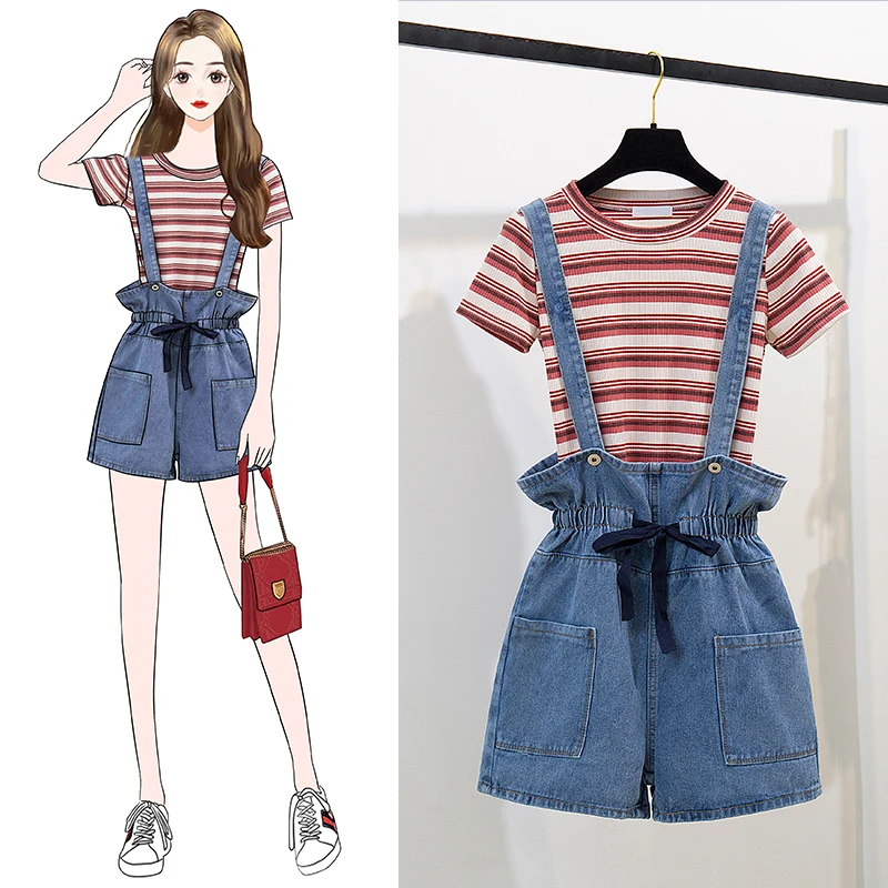 

Summer Women Two piece set Casual O-Neck short sleeve Knitted Cotton Tshirt Top + Strap Shorts Suit Office Lady 2 Piece Set