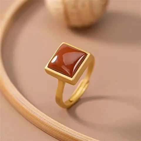 

Original S925 Sterling Silver Gilding Southern Red Agate Ring Creative All-Match High-End Square Simple Women's Open Ring