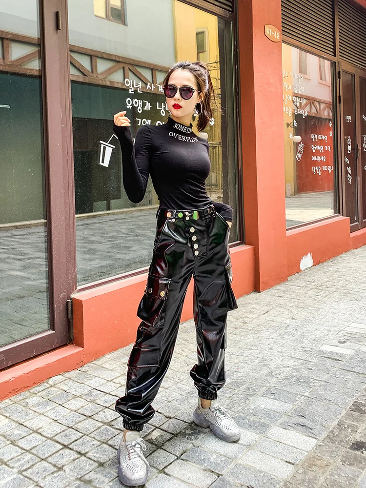 Metal button Glossy patent pu leather pant female Autumn bright leather pants was thin high waist locomotive leather pants F1686
