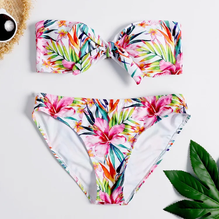 

New Split Swimsuit Print Bra Mid Waisted Bikini Sexy Two Piece Swimwear Floral Bikini