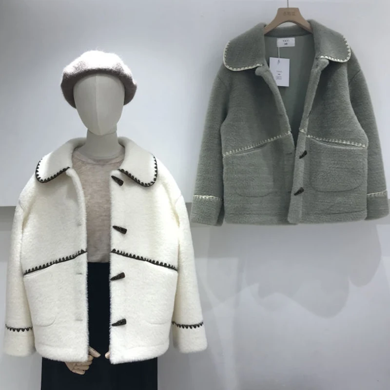 

2021 Autumn Winter Turn-down Collar Horn Button Women Clothing Elegant Hit Color Loose Imitation Mink Velvet Streetwear Jackets