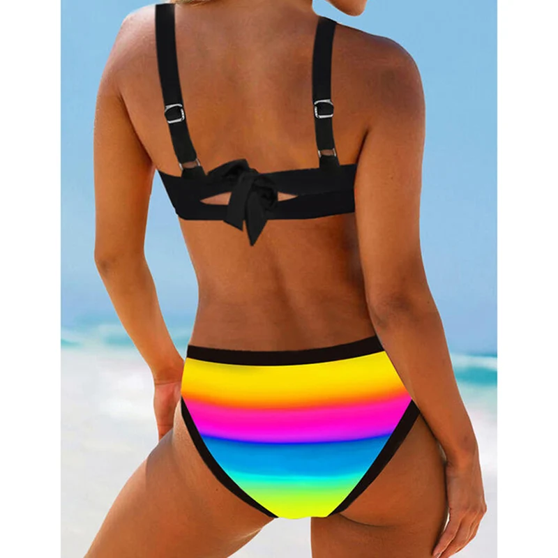 

Bikini 2021 Women Colorful Striped Bikini Set Summer Bandage Push Up Swimsuits Brazilian Biquini Set Ladies Swimwear Beach Suits