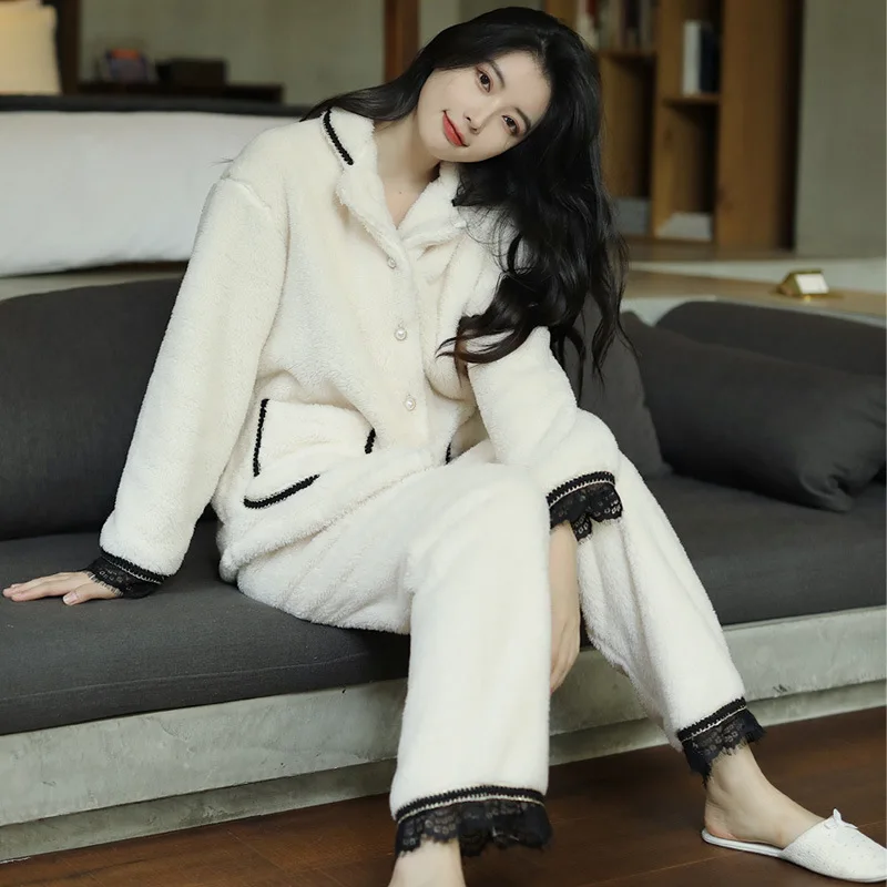 

Зимние фланелевые пижамные комплекты, Женский комплект из 2 предметов с длинным рукавом для сна, домашняя одежда, одежда для сна, интимное ни...