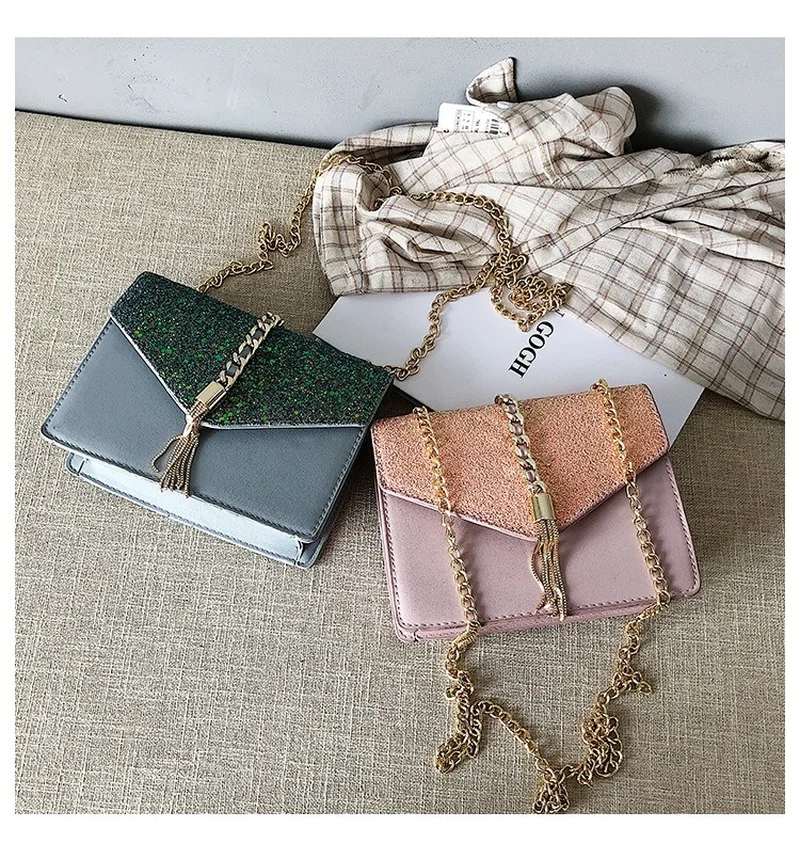 

2021 New Korean Style High Quality Leather Western Sequined One-shoulder Messenger Bag Fashion Lady Chain Small Square Bag