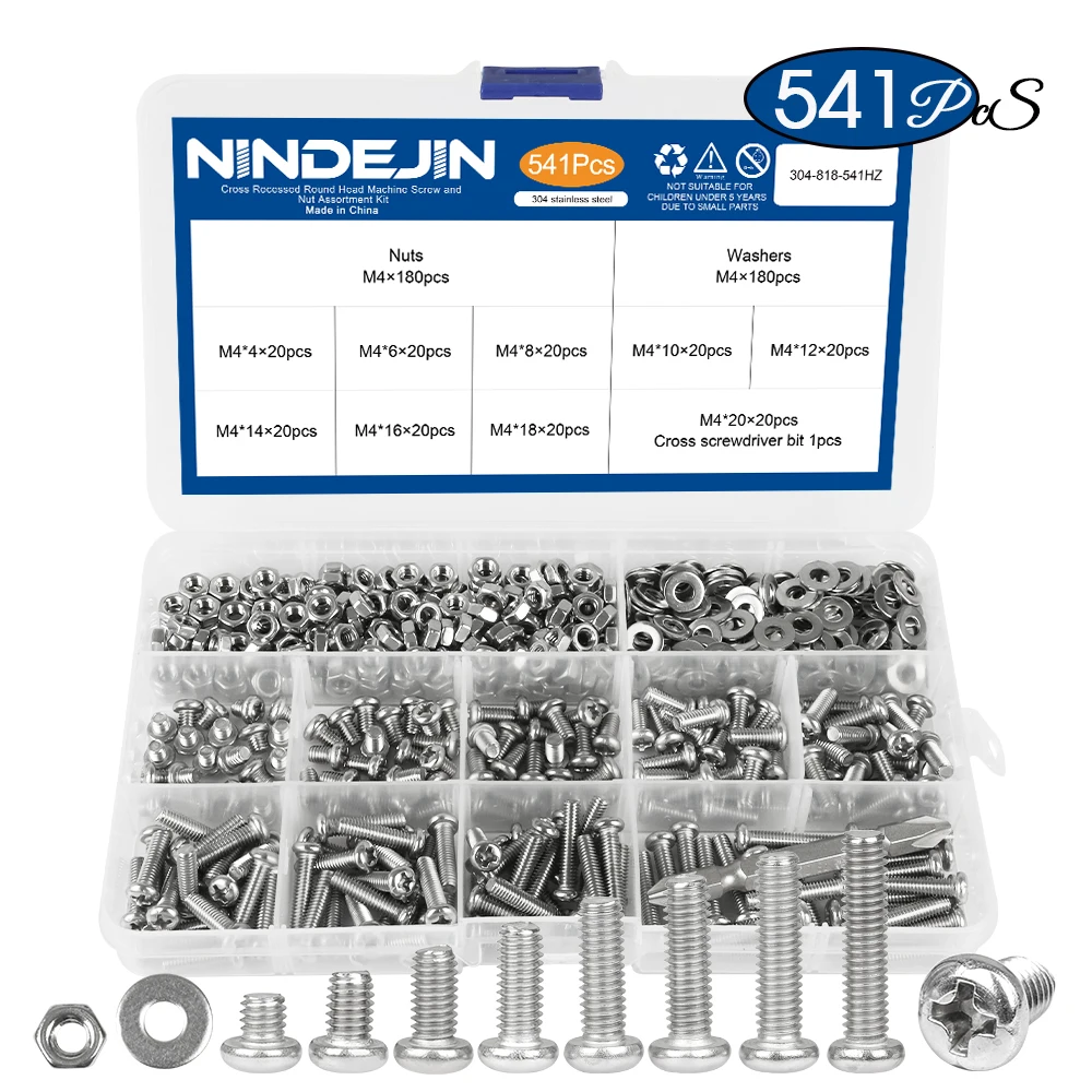

NINDEJIN 541/721pcs Cross Recessed Round Head M3 M4 M5 Screw Set Nut Washer Stainless Steel Phillips Machine Screw Assorted Kit