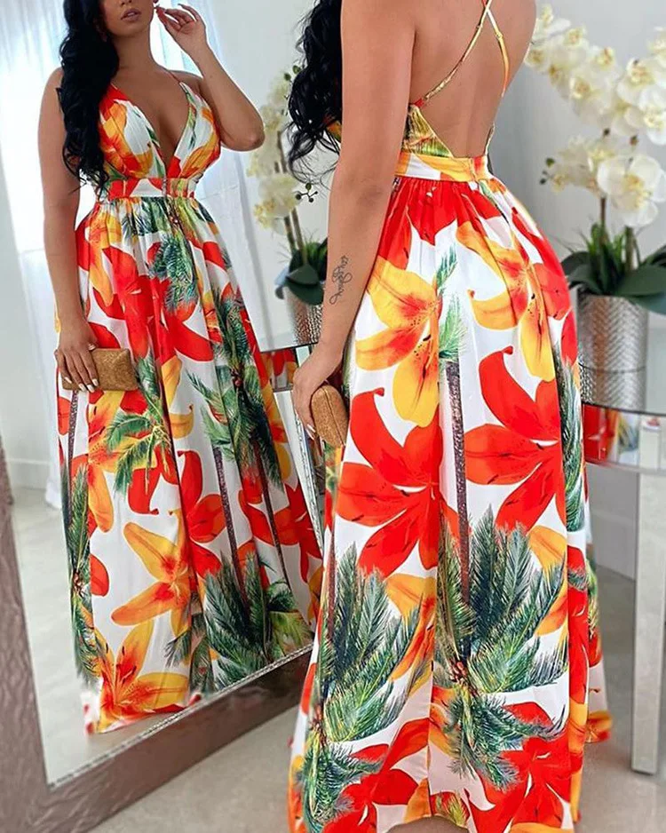 2020 Printed Backless Sexy Big Swing Dress Spring and Summer Women's Wear