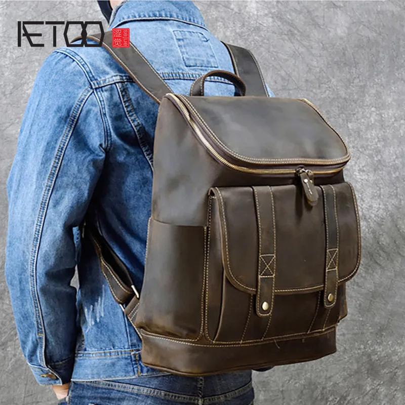 

AETOO Crazy horse leather men's backpack, leather travel bag, large-capacity first layer leather backpack