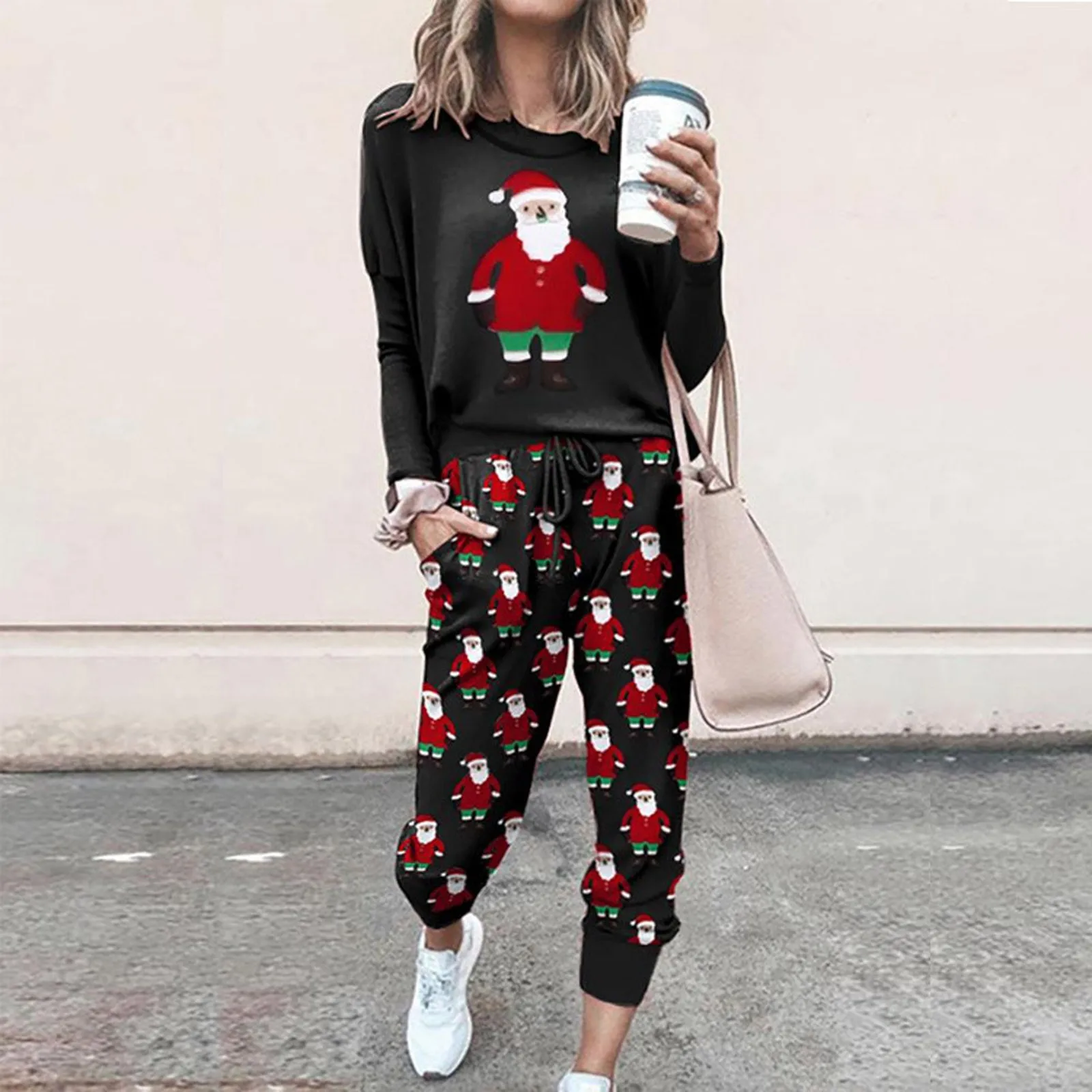 

Two Piece Set for Women Long Sleeve Solid Color Christmas Printed Long Sleeve Casual Sports Home Sets Winter Pullover Clothes d3
