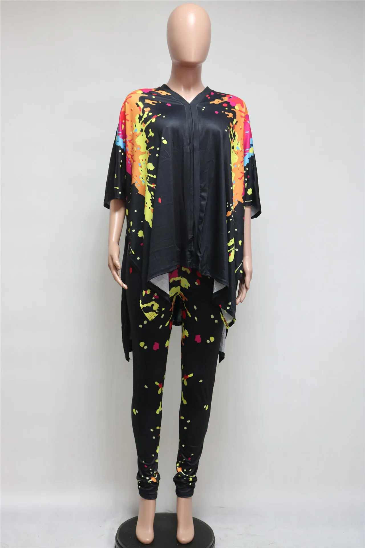 

Fashionable Printed slit V-neck two-piece suit for women plus size