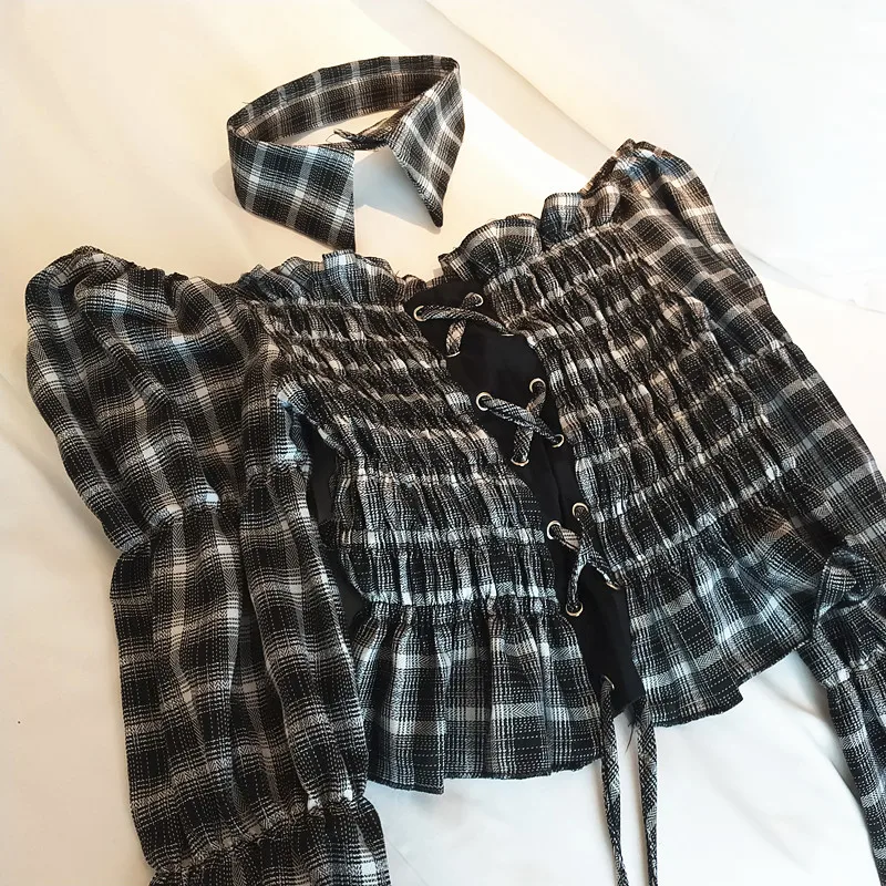 Ruibbit панк Харадзюку Тонкая Клетчатая рубашка Модные женские Топы с длинным