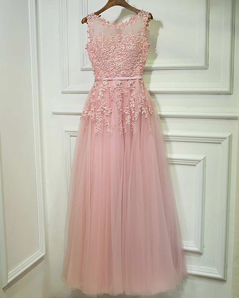 Pink Prom Dresses 2020 Long Lace Applique vestidos formales Pearl Tulle A Line Sheer Neck Sleeveless Evening Gown Party Formal | Свадьбы и