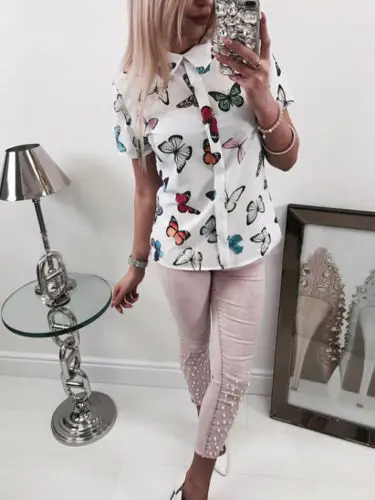 

Summer Womens Casual Tops Blouse Short Sleeve Crew Neck Floral Butterfly Shirt Ladies
