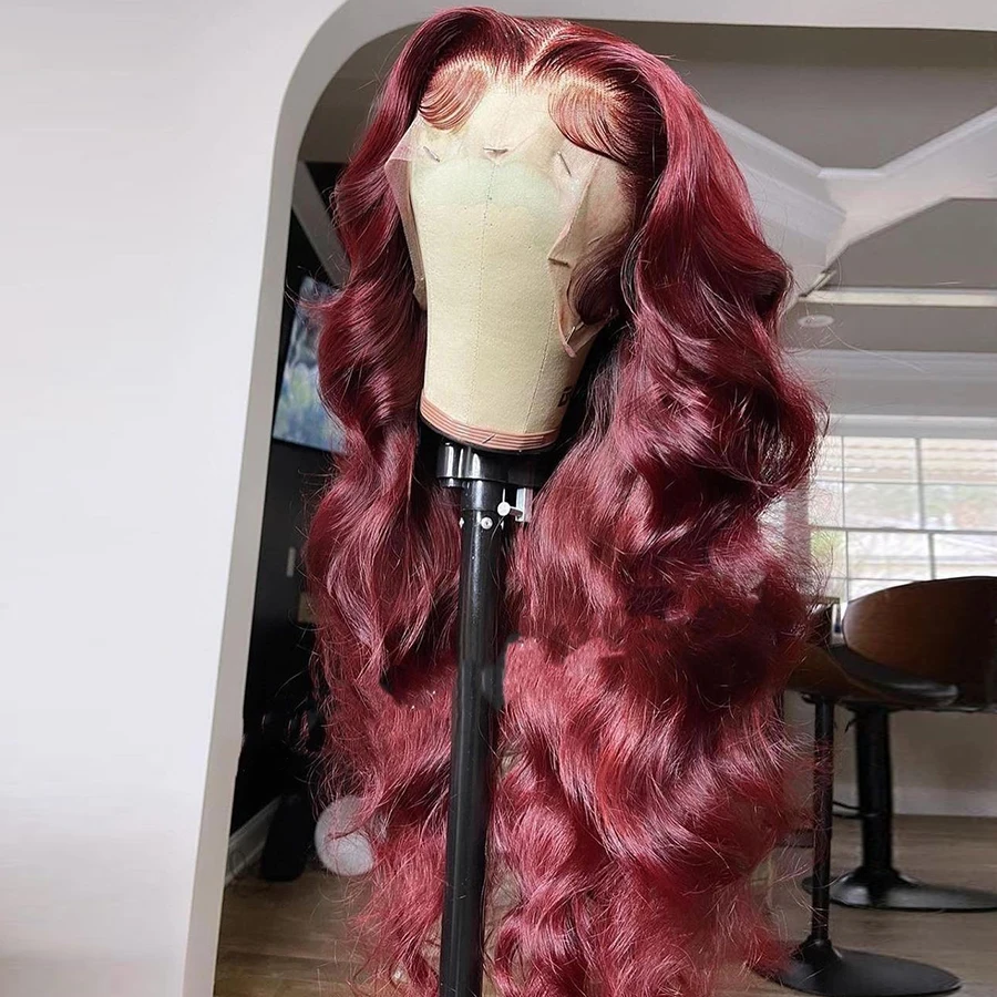 

Burgundy 99J Body Wave Lace Frontal Wig Human Hair Wigs 13X6x2 Transparent Lace Wig Brazilian Pre plucked Bleached Knots Wigs