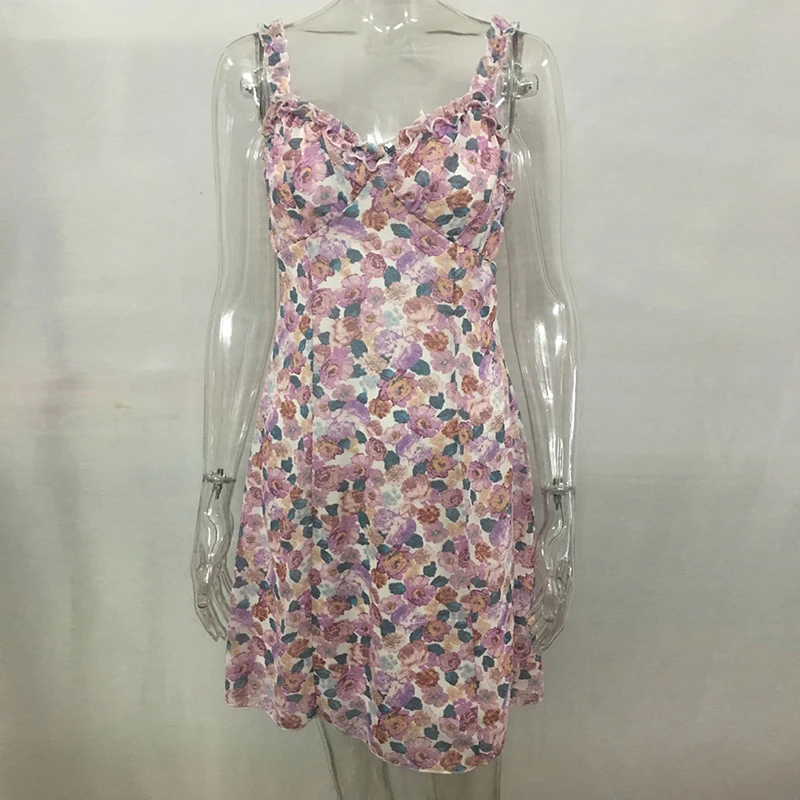 

2021 Summer Spaghetti Strap Floral Print Dress Women Sleeveless Casual Beach Holiday Dresses Female Sexy V Neck Party Vestidos