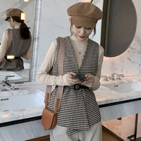 vests women houndstooth vintage street style chic fashion outwear casual autumn sleeveless woolen jacket cardigan coat for women