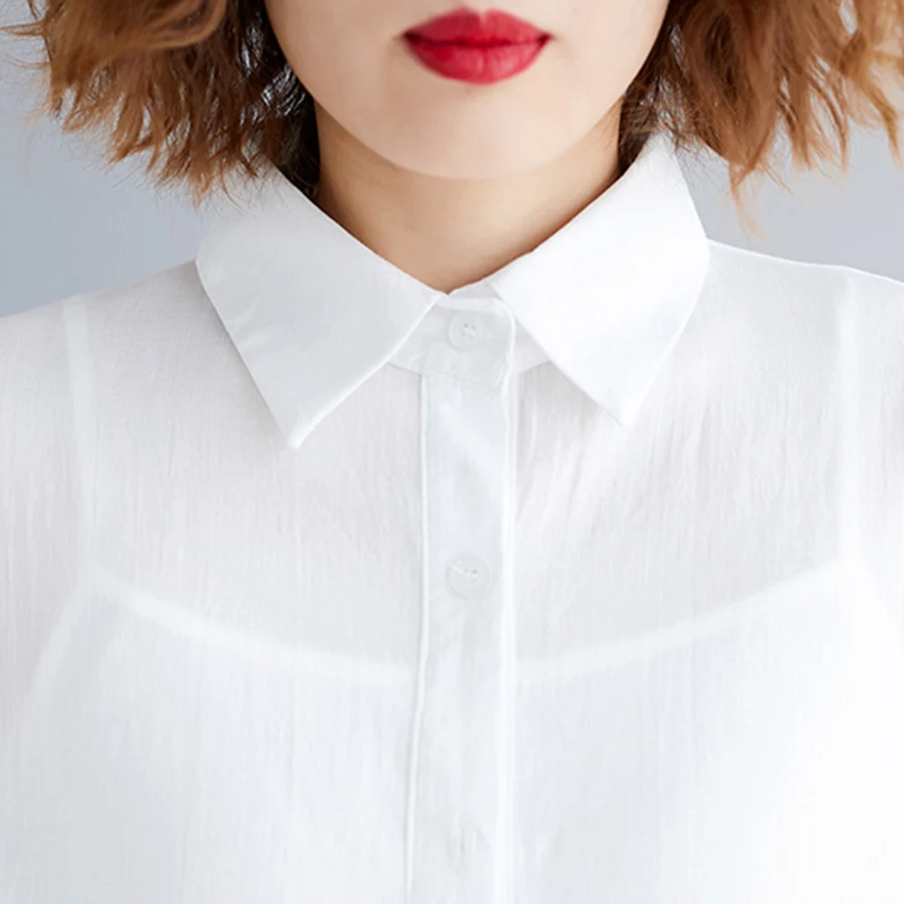 

2021 Summer New Retro Solid Color Single-breasted Blouse Large Size Women's Fungus Cardigan Lapel 7 Sleeve Korean Fashion