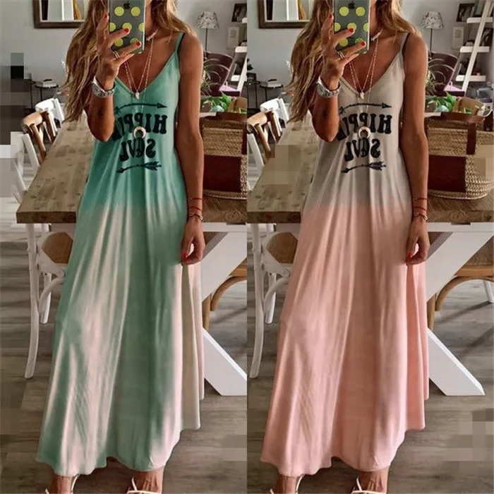 

Women Casual Sleeveless Long Dress Summer Letter Print Spaghetti Strap Dresses Beach Sundress Vestido Mujer Robe Plus Size S-3XL