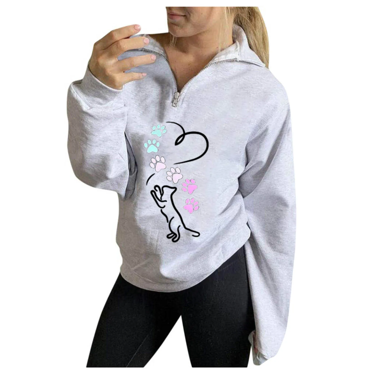 

Harajuku Pullovers For Ladies Autumn Winter Turn-down Collar Pullovers Zipper Lapel Fashion Printed Sweatshirt Pullover Top#A