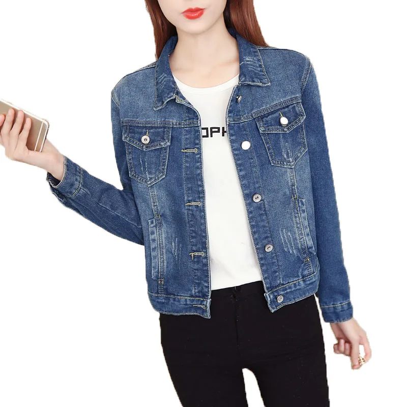 

2019 New denim jacket light blue short jacket denim jacket casual women's denim jacket 4XL slim long sleeve black jeans jacket