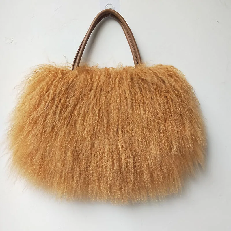 Winter Real Mongolia Lamb Fur Handbag Women Casual Tibet Long Hair Natural Fur Shoulder Bag Genuine Tote Bags Femme