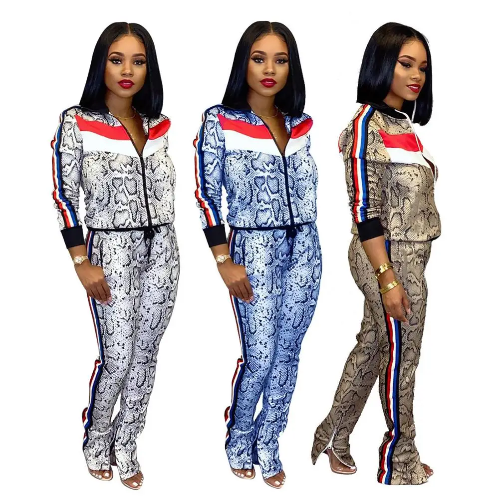 

Two Piece Set Snake Camouflage Print Tracksuit Women Festival Clothing Top+Pant Sweat Suits 2 Piece Outfits Matching Sets