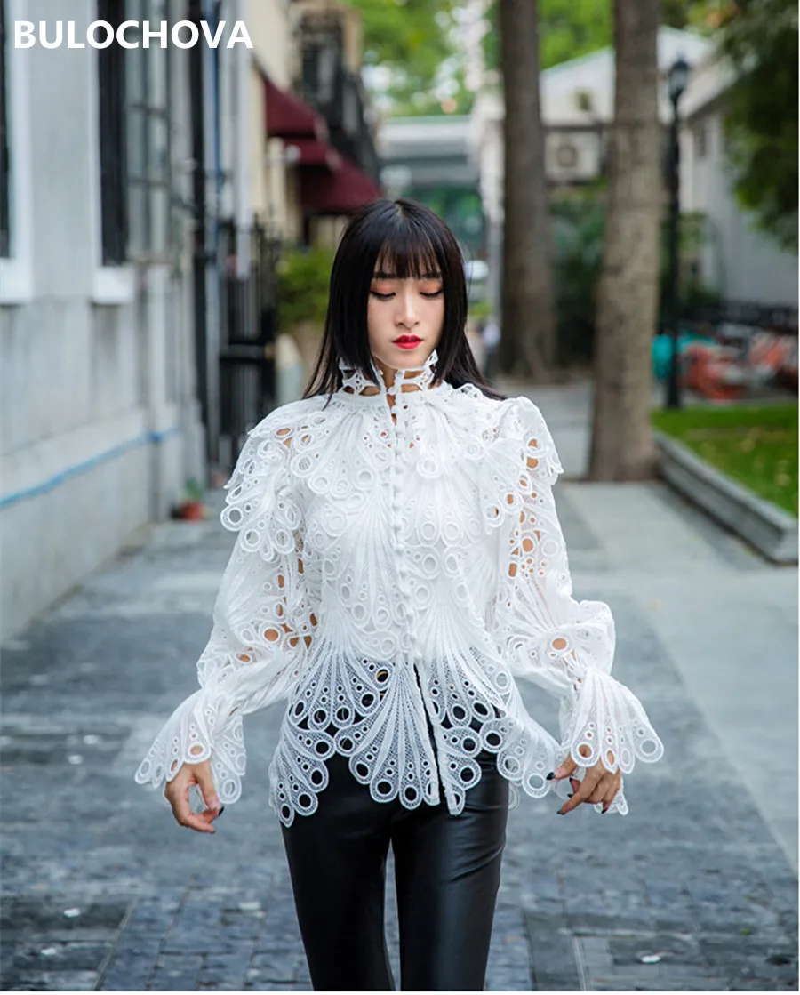 

Высококачественная Женская кружевная блузка SP с воротником-стойкой и вышивкой, женская модная блузка с расклешенными рукавами и оборками