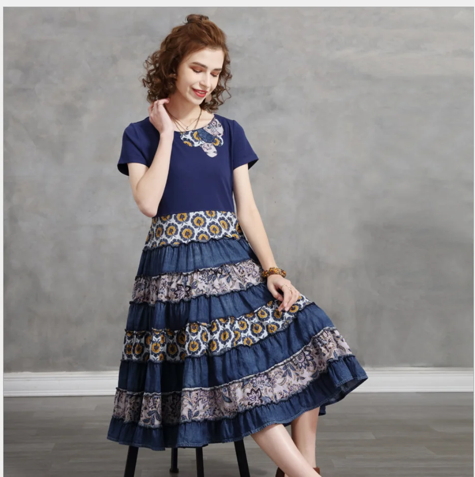 

Female Vintage 2021 Spring Summer New Retro Short Sleeve Dress For Lady Leopard Print Denim Dress Women's Dresses Clothing