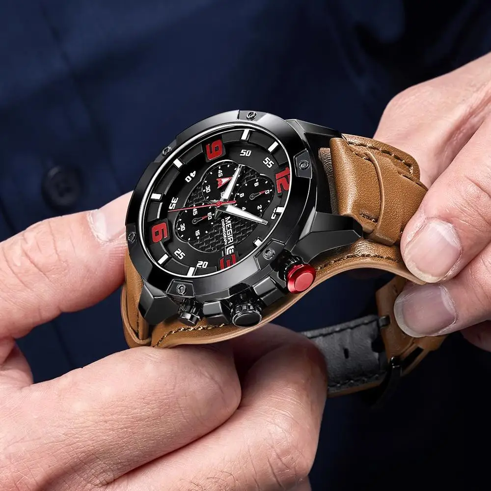 MEGIR мужские спортивные кварцевые часы с кожаным ремешком водонепроницаемые