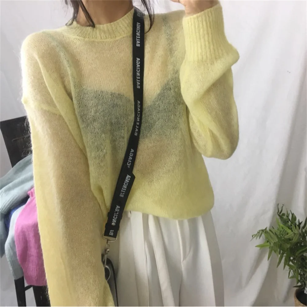 

Пуловер женский желтый, модный тонкий свитер с длинным рукавом, универсальный шикарный солнцезащитный Свободный Повседневный Топ на осень