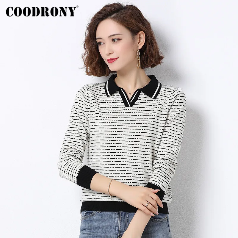 

COODRONY Brand Autumn Winter Striped Soft Wool Turn-Down Collar Sweater Female 2020 Knitted Slim Pullover Women's Clothing W1005