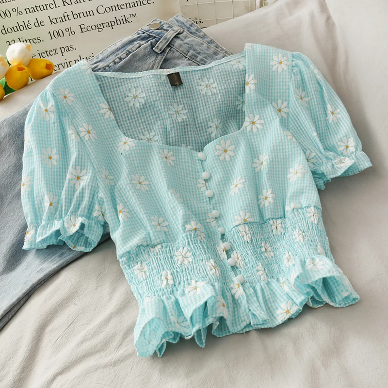 

Женская блузка с коротким рукавом-фонариком, приталенная эластичная короткая блузка с квадратным вырезом и цветочной вышивкой, лето