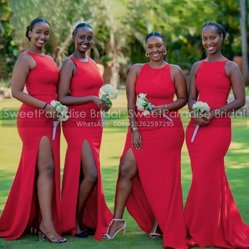 

Red Mermaid Bridesmaid Dresses Long Sexy Side Split Sleeveless Jewel Neck African Girls Formal Wedding Party Dress Maid Of Honor