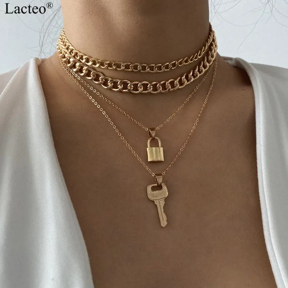 

Lacteo 2pcs/set Miami Cuban Metal Key Lock Pendant Necklace Punk Multi Layered Thick Chunky Chain Choker Necklace Female Jewelry